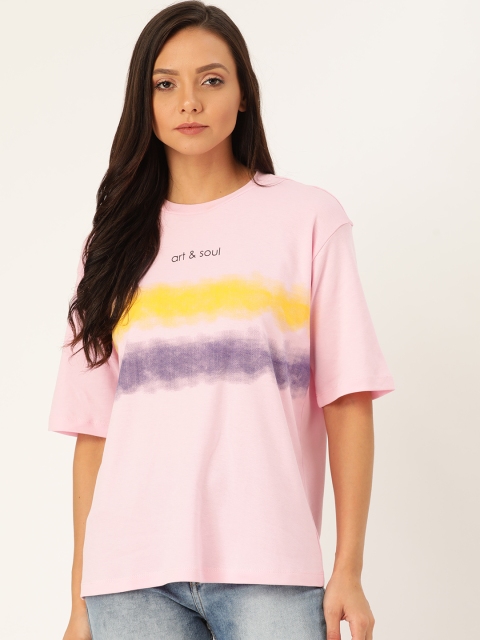 

ether Women Pink & Yellow Dyed Round Neck T-shirt