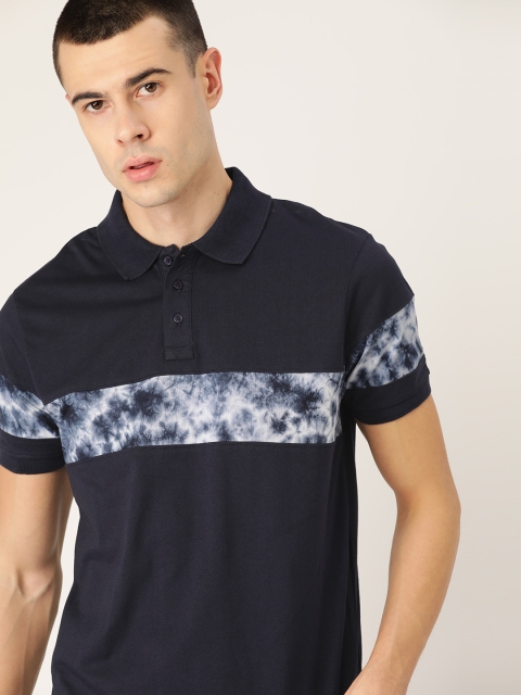 

ether Men Navy Blue Colourblocked Polo Collar T-shirt With Tie & Dye Detail