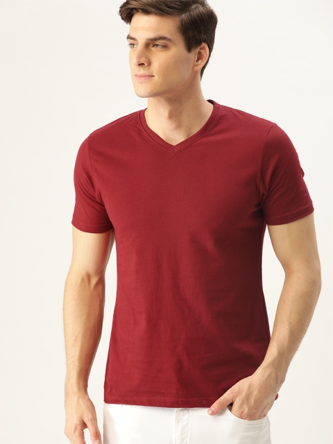 

ether Men Maroon Solid V-Neck Pure Cotton T-shirt