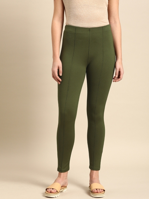 

ether Women Olive Green Solid Skinny Fit Treggings