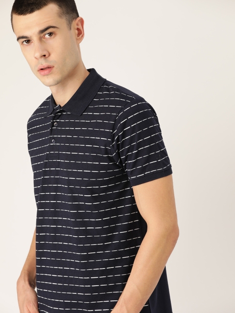 

ether Men Navy Blue & White Striped Polo Collar T-shirt