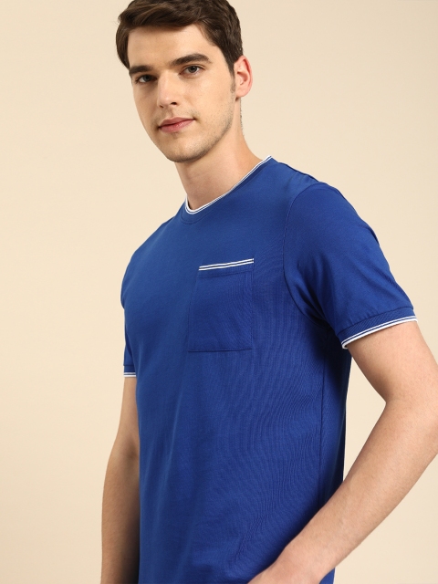 

ether Men Blue Solid Round Neck T-shirt