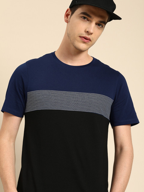 

ether Men Navy Blue & Black Striped Round Neck T-shirt