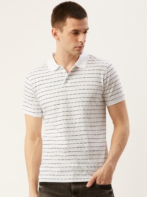 

ether Men White & Black Striped Polo Collar T-shirt
