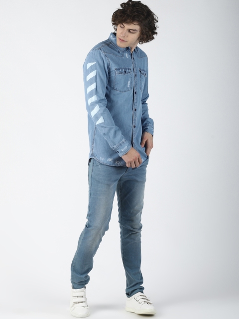 

Blue Saint Men Blue Printed Slim Fit Casual Denim Shirt