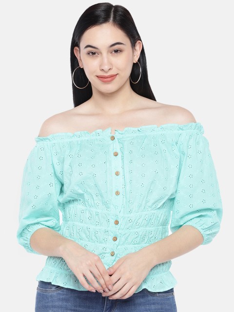 

Just B Women Sea Green Solid Bardot Top