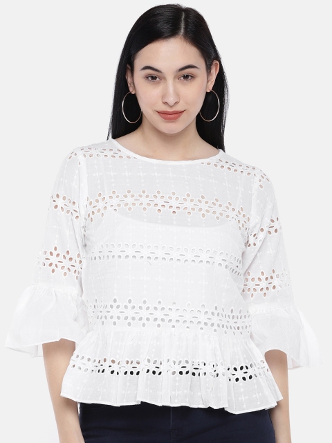 

Just B Women White Schiffli Peplum Top