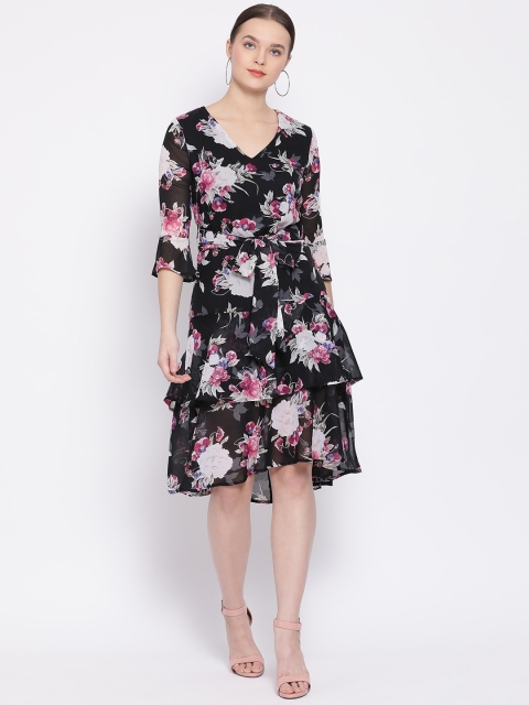 

Oxolloxo Women Black Floral Printed Fit and Flare Dress