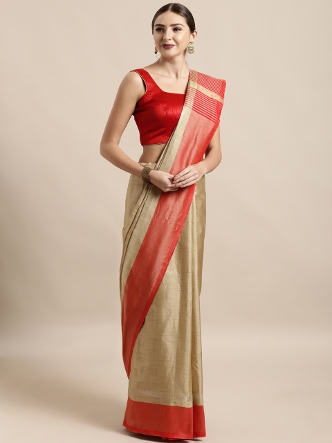 

Mitera Khaki & Red Silk Blend Woven Design Kanjeevaram Saree