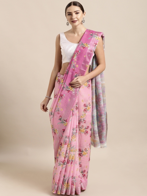 

Mitera Pink Linen Blend Printed Khadi Saree