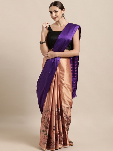 

Mitera Navy Blue & Bronze-Toned Silk Cotton Printed Tussar Saree