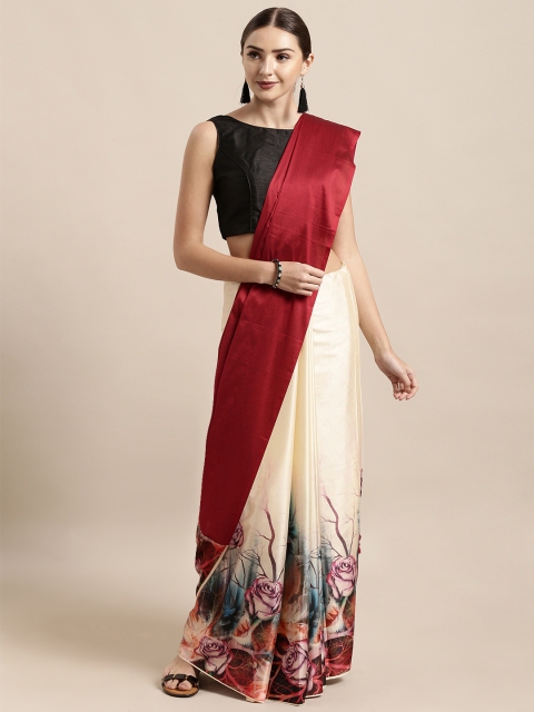 

Mitera Cream-Coloured & Maroon Silk Cotton Printed Tussar Saree