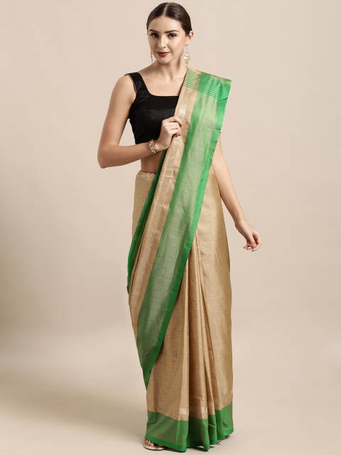 

Mitera Beige Silk Blend Solid Kanjeevaram Saree