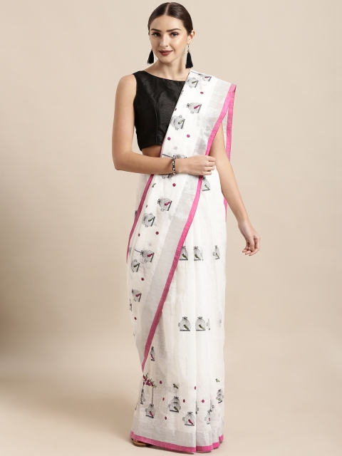 

Mitera White Linen Blend Embroidered Chanderi Saree