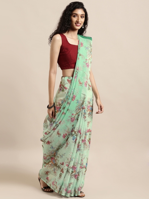 

Mitera Sea Green & Pink Linen Blend Printed Khadi Saree