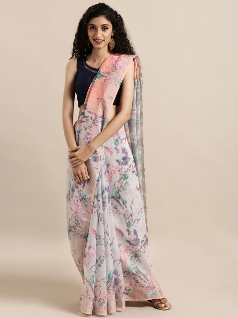 

Mitera Peach-Coloured & White Linen Blend Printed Khadi Saree