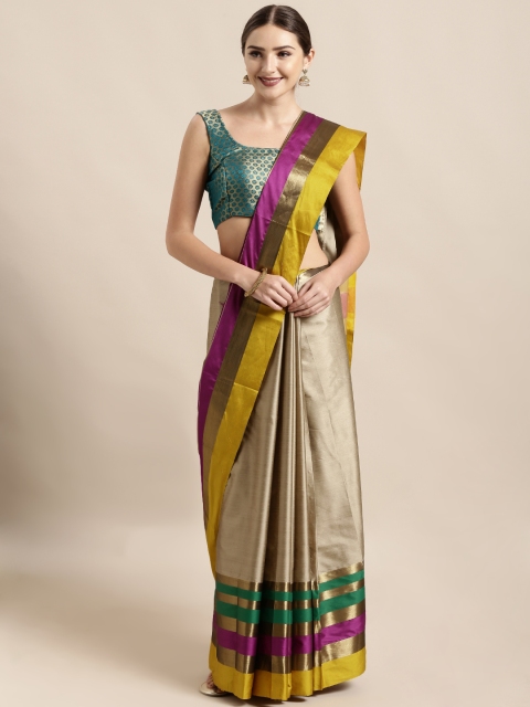 

Mitera Golden & Green Silk Cotton Striped Kanjeevaram Saree, Gold