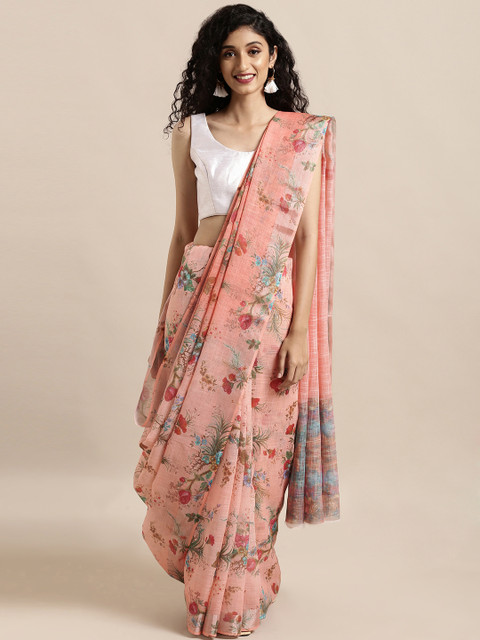 

Mitera Pink & Coral Red Linen Blend Printed Khadi Saree