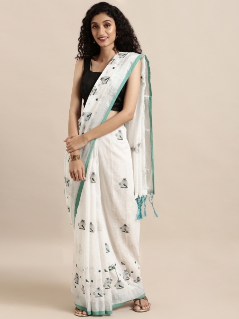 

Mitera White & Green Linen Blend Embroidered Chanderi Saree