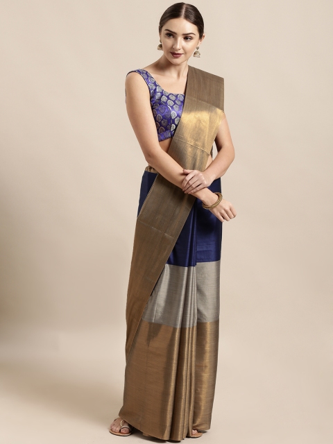 

Mitera Copper-Toned & Blue Silk Cotton Colourblocked Kanjeevaram Saree