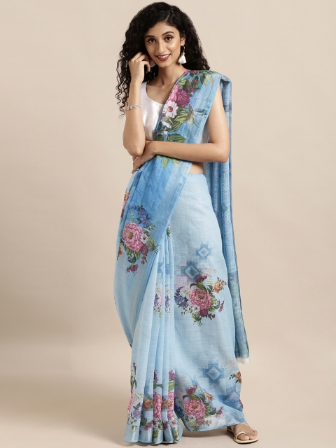 

Mitera Blue & Pink Linen Blend Printed Khadi Saree