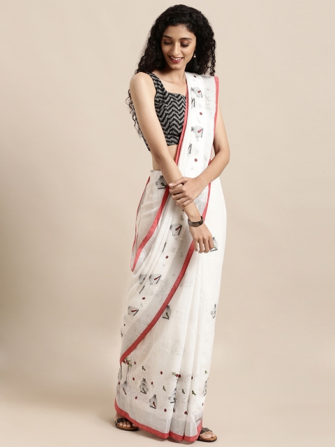 

Mitera White Linen Blend Embroidered Chanderi Saree