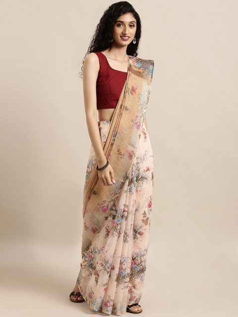 

Mitera Cream-Coloured Linen Blend Printed Khadi Saree