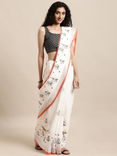 

Mitera White & Orange Linen Blend Embroidered Chanderi Saree