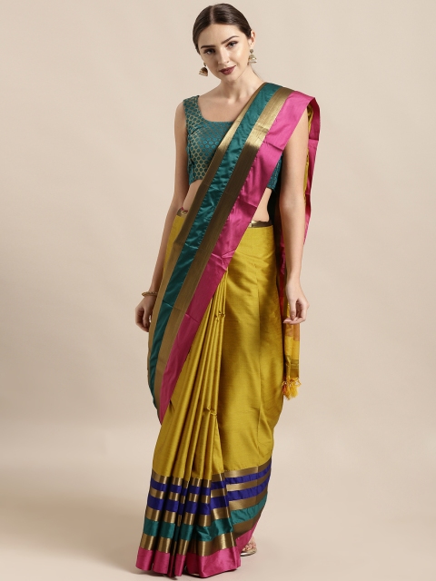 

Mitera Mustard Yellow & Blue Silk Cotton Striped Kanjeevaram Saree