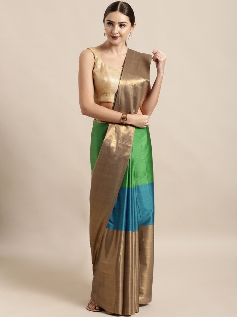 

Mitera Blue & Green Silk Cotton Colourblocked Kanjeevaram Saree