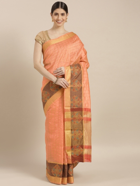 

GoSriKi Peach-Coloured Silk Cotton Checked Chanderi Saree
