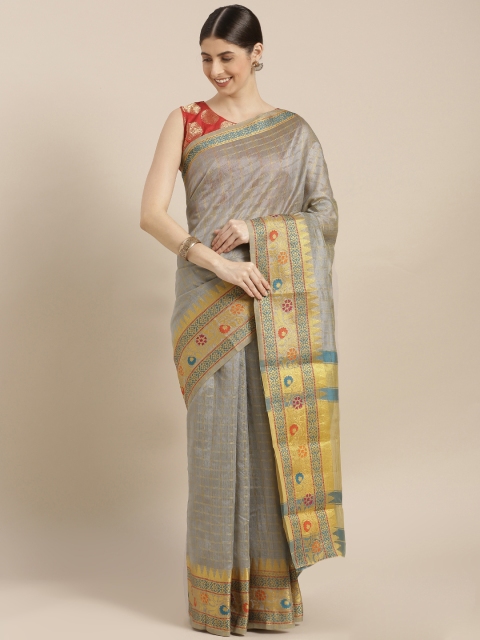 

GoSriKi Grey & Gold-Toned Silk Cotton Woven Design Chanderi Saree