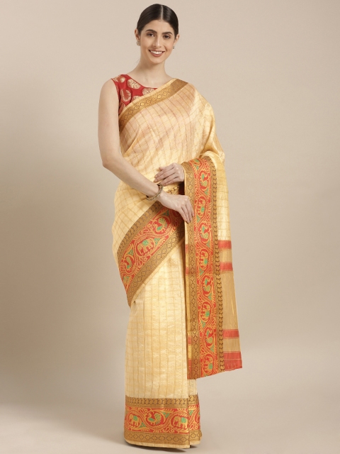 

GoSriKi Cream-Coloured & Gold-Toned Silk Cotton Woven Design Chanderi Saree