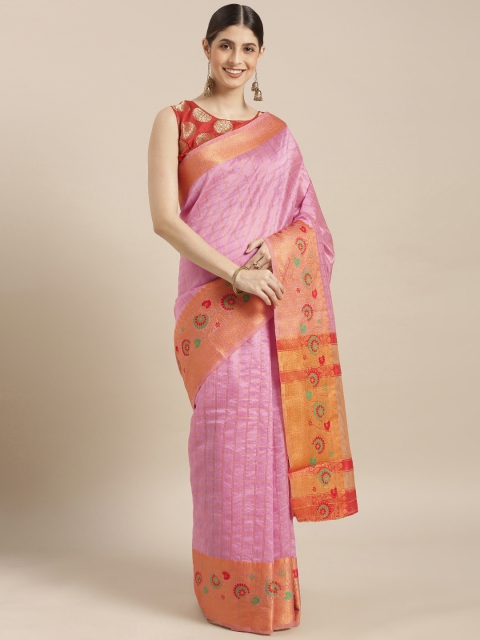 

GoSriKi Pink & Gold-Toned Silk Cotton Woven Design Chanderi Saree