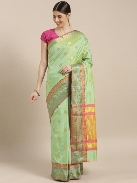 

GoSriKi Sea Green & Pink Silk Cotton Woven Design Chanderi Saree