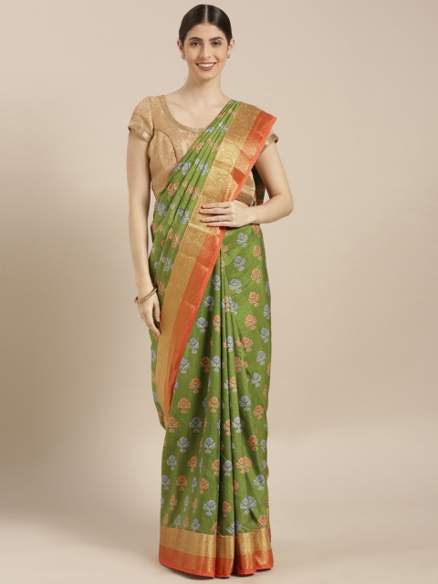 

GoSriKi Green & Orange Viscose Rayon Printed Chanderi Saree