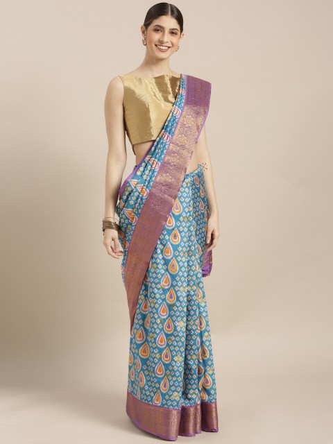 

GoSriKi Turquoise Blue & Off-White Viscose Rayon Printed Chanderi Saree