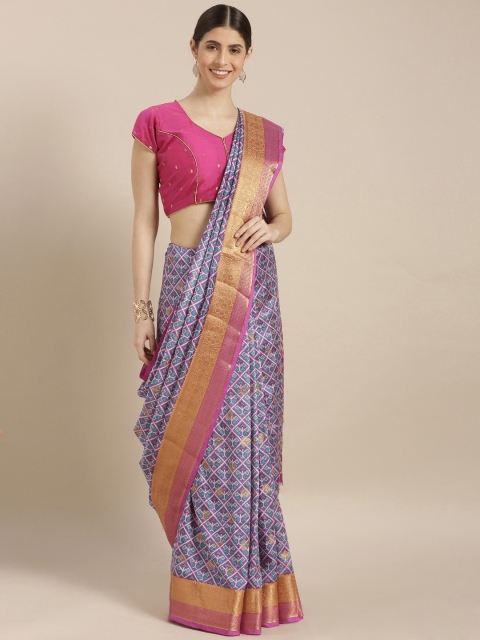 

GoSriKi Violet & Green Viscose Rayon Printed Chanderi Saree