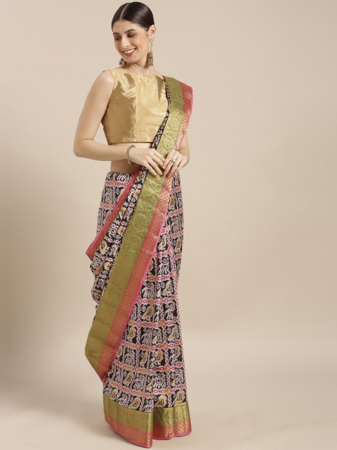 

GoSriKi Black & Off-White Viscose Rayon Printed Chanderi Saree