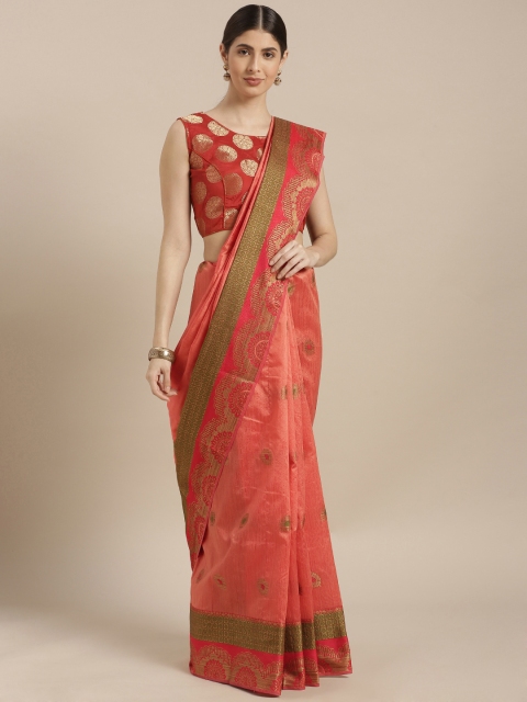 

GoSriKi Peach-Coloured Silk Cotton Woven Design Chanderi Saree