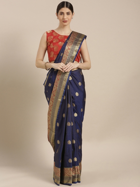 

GoSriKi Navy Blue & Gold-Toned Silk Cotton Woven Design Chanderi Saree