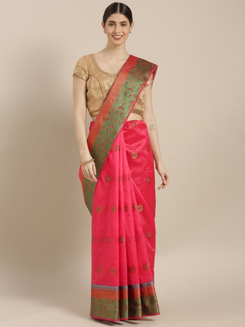 

GoSriKi Pink & Gold-Toned Silk Cotton Woven Design Chanderi Saree