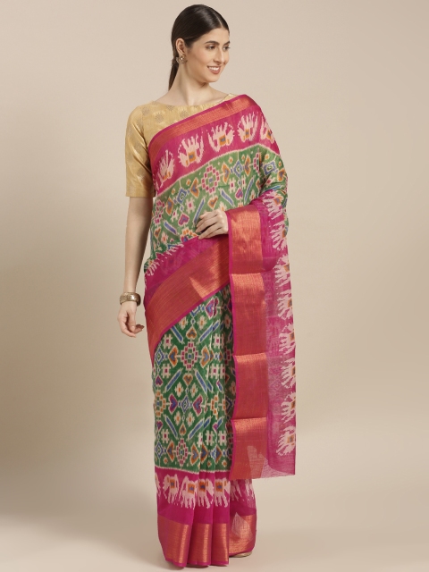 

GoSriKi Magenta & Green Viscose Rayon Printed Chanderi Saree