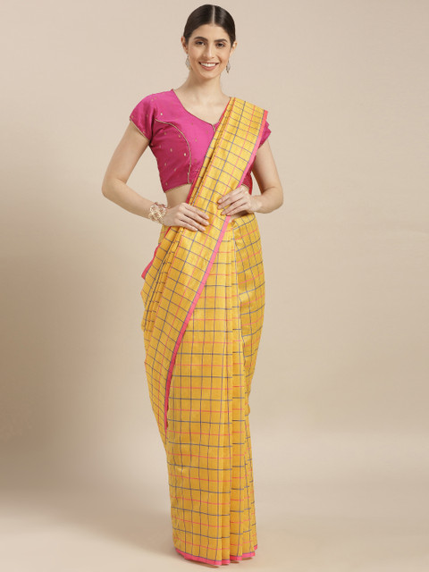 

GoSriKi Yellow & Blue Checked Art Silk Saree