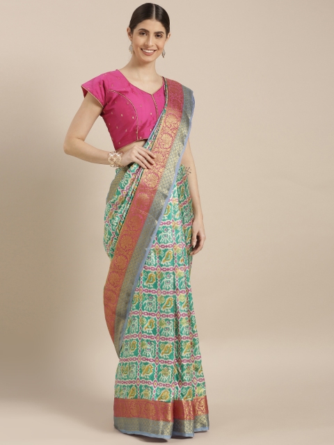 

GoSriKi Green & Pink Viscose Rayon Printed Chanderi Saree