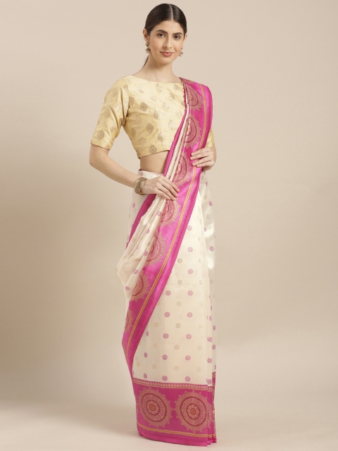 

GoSriKi Off-White & Pink Art Silk Printed Saree