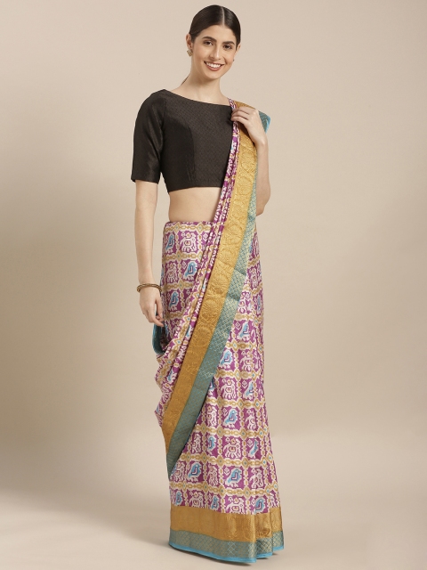 

GoSriKi Purple & Mustard Yellow Viscose Rayon Printed Chanderi Saree