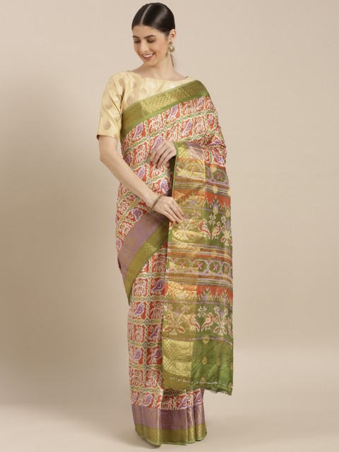 

GoSriKi Orange Viscose Printed Chanderi Saree