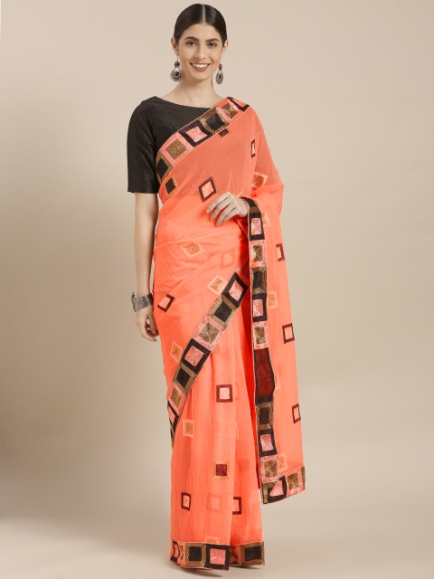 

GoSriKi Coral Orange Woven Design Poly Georgette Saree