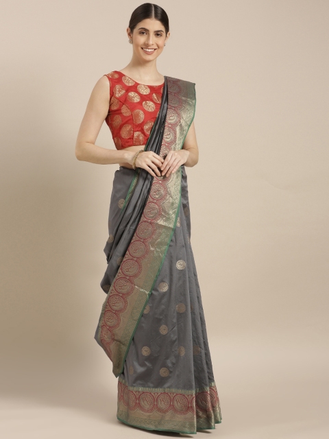 

GoSriKi Charcoal Grey & Gold-Toned Silk Cotton Woven Design Chanderi Saree